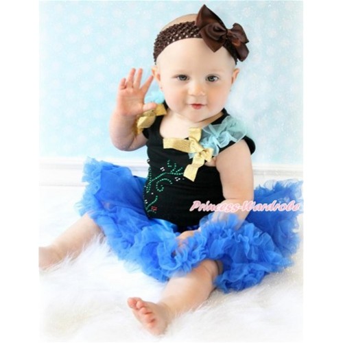 Black Baby Pettitop with Light Blue Ruffles & Sparkle Goldenrod Bows with Sparkle Crystal Bling Rhinestone Princess Anna Print & Royal Blue Newborn Pettiskirt With Brown Headband Brown Silk Bow NG1458 